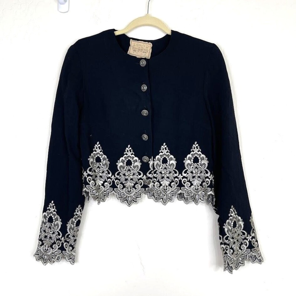 Double D Ranch Navy Button-Down Top with White Lace Embroidery